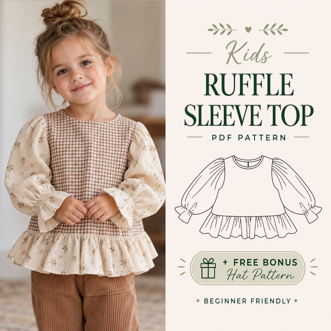 Girls Ruffled Blouse Sewing Pattern, Easy Puff Sleeve PDF for Kids